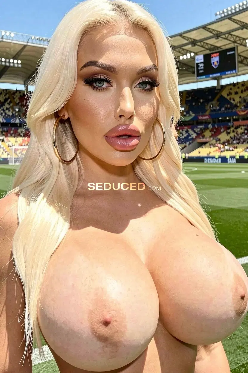 AI nudes image: bimbo, a naked woman with large breasts, full lips, makeup, in a fifa sports stadium.