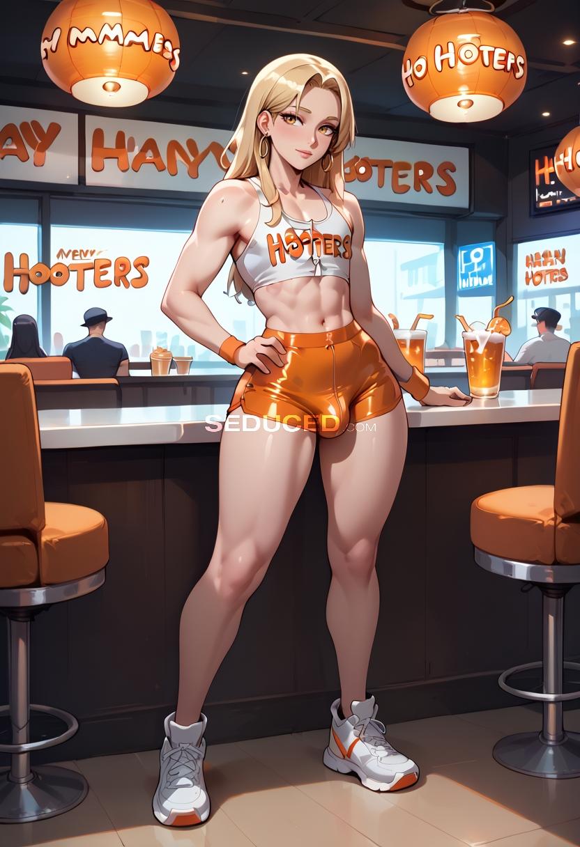 Hentai porn image: femboy, score 8 up, score 7 up, hentai, A blonde femboy with small perky breasts, a miniscule penis, and a pert ass, wearing a white tube top that says 'femboy hooters' in orange letters, and orange…