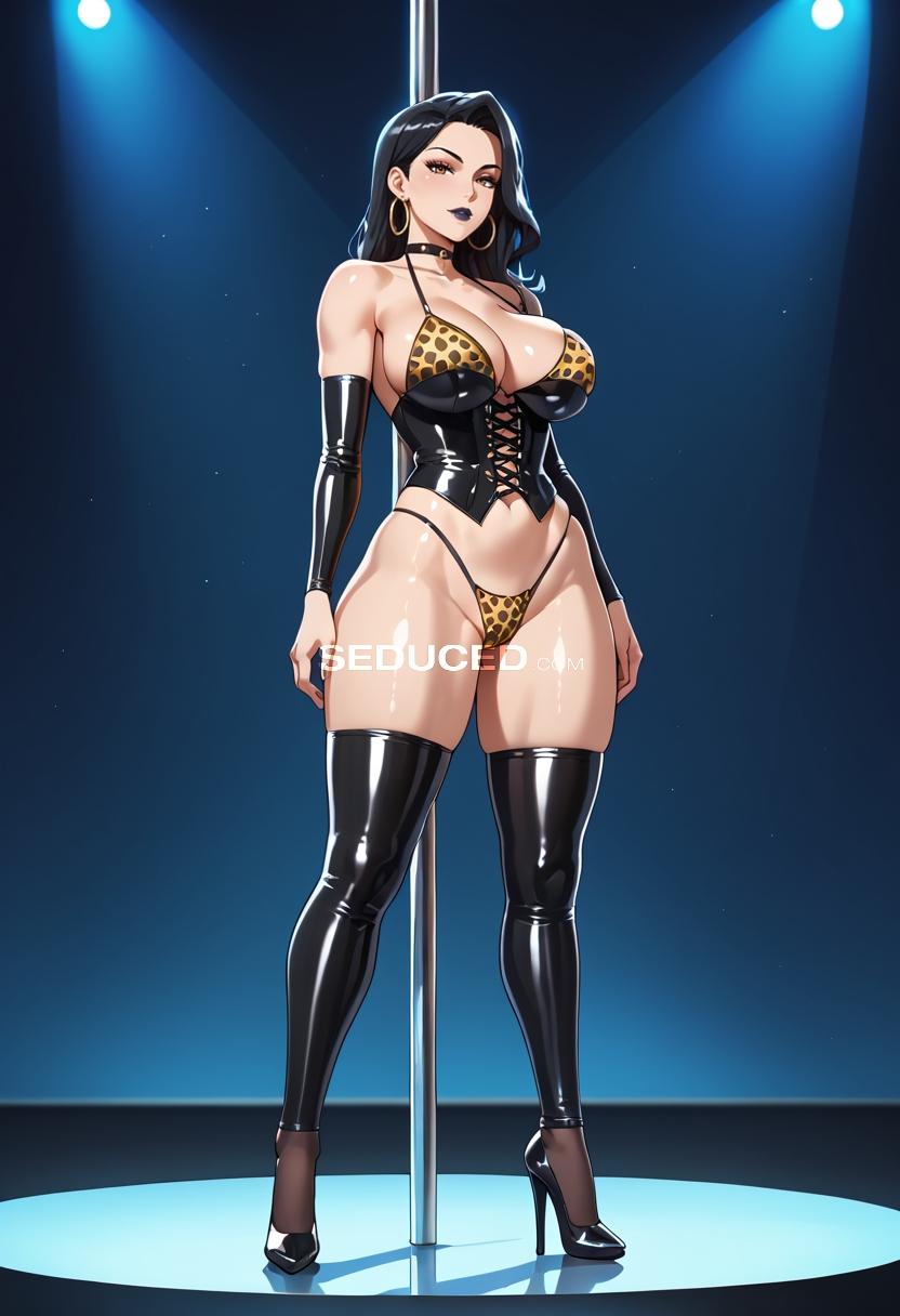 Hentai porn image: score 8 up, score 7 up, hentai, A busty bimbo with short jet black hair, shiny black lipstick and large hoop earrings. She is wearing Cheetah print latex thigh high stockings, steep black stiletto…
