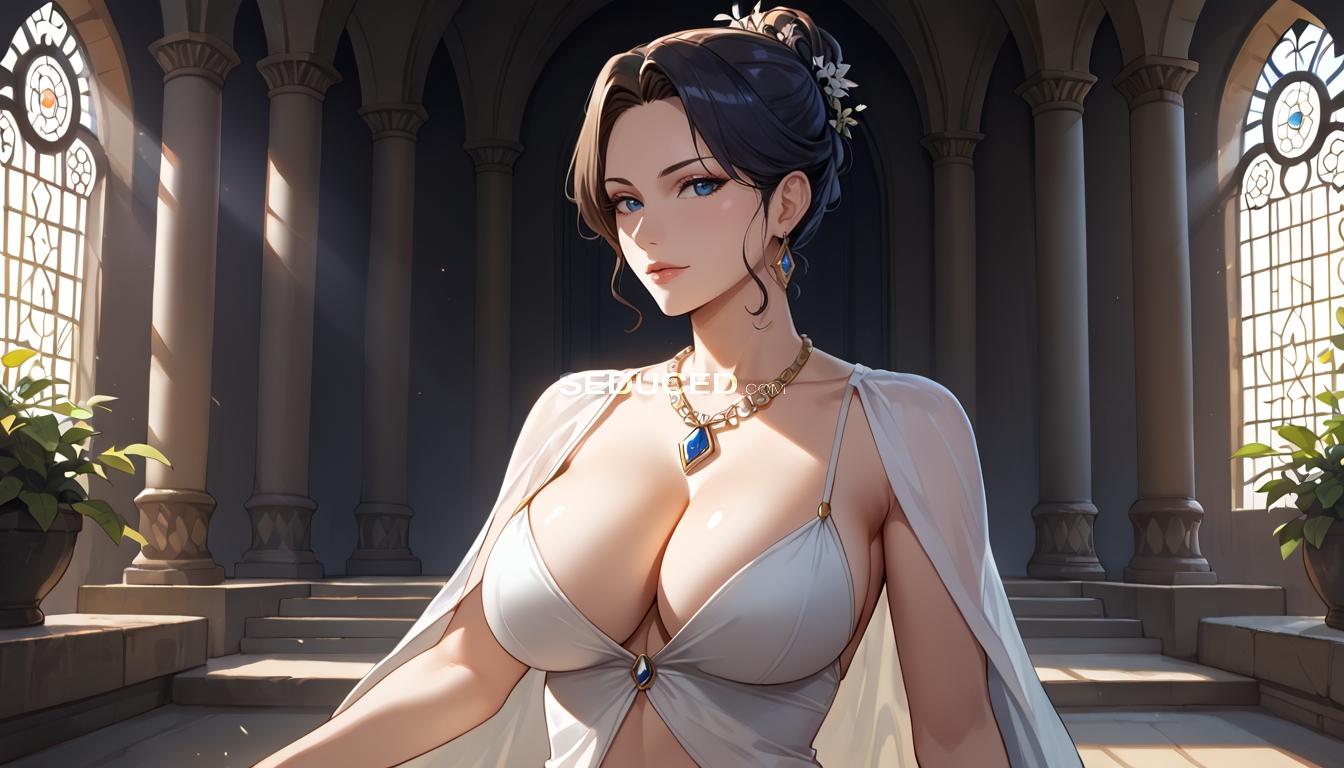 Hentai porn image: score 8 up, score 7 up, hentai, A very realistic premium cinematic image of a clearly adult woman in an ancient castle courtyard at golden hour. She is tastefully nude, posed elegantly and…