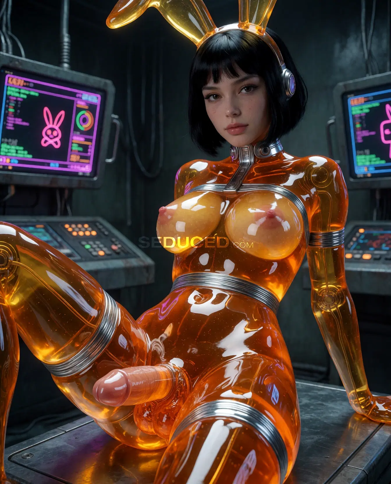 3D porn image: natural light photography, realistic skin texture, subtle skin detail, candid photo, natural color, Transparent head, transparent face, Golden sissy femboy orange transparent jelly goo bunny, goo bunny…