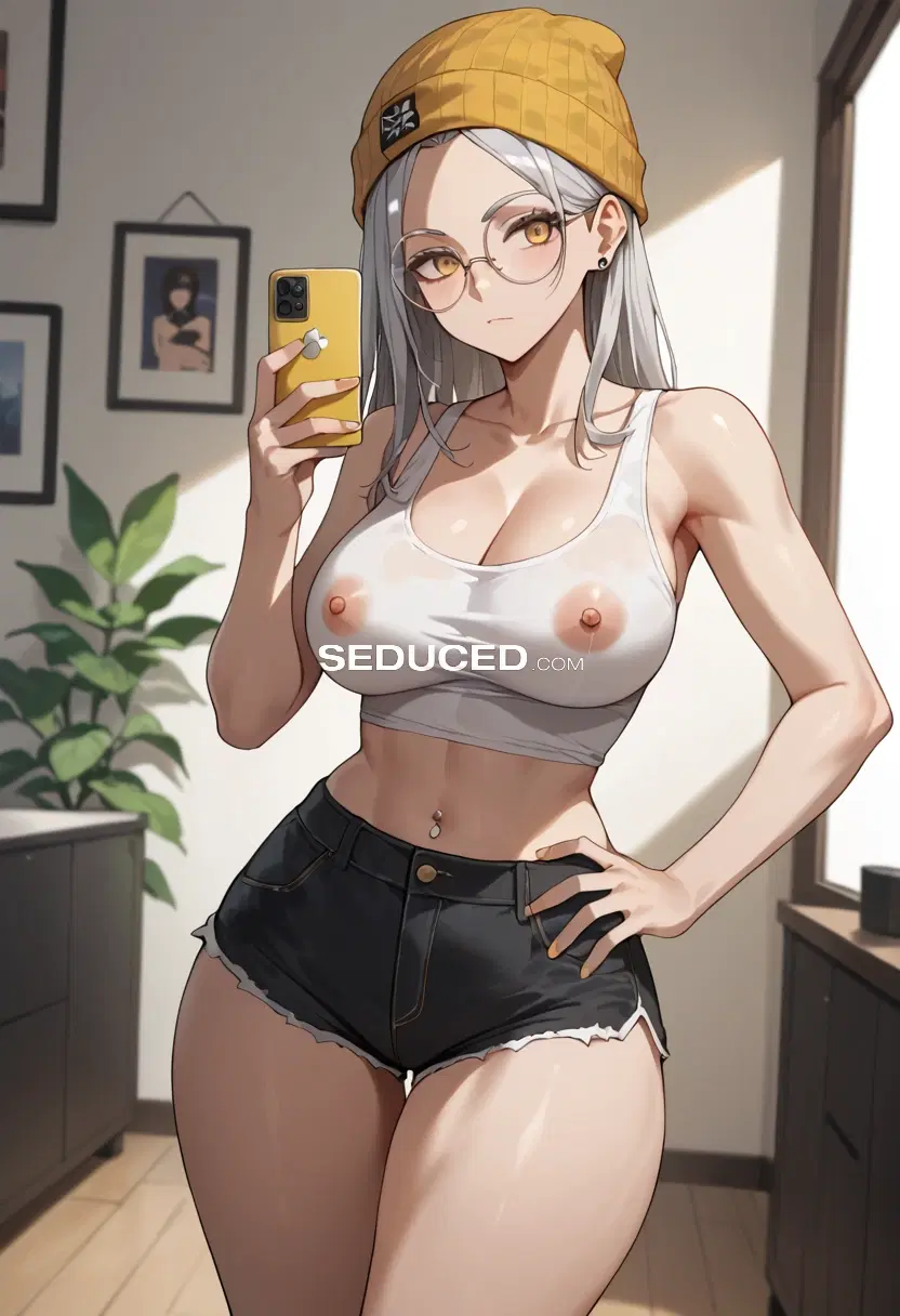 Hentai porn image: score 8 up, score 7 up, hentai, Short Pale busty Japanese girl with long wavy silver hair wearing yellow beanie, round glasses, white tank top shirt, no shorts, no underwear, black slides on feet…