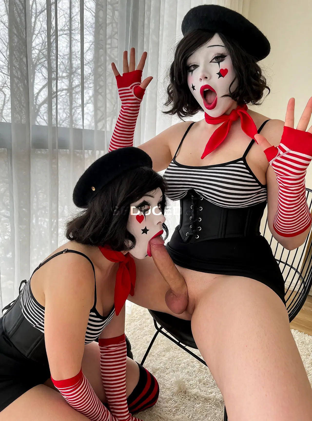 Cosplay porn image: egirl, natural light photography, realistic skin texture, subtle skin detail, candid photo, natural color, A professional studio cosplay photo featuring two women with medium boobs in matching…