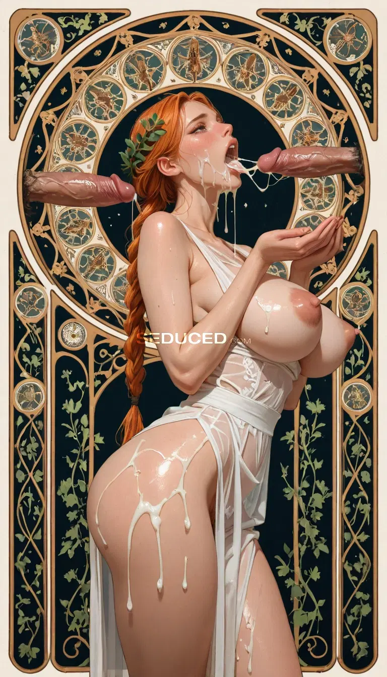 Bukkake porn image: absurdres, very aesthetic, very realistic face, very realistic skin, cinematic composition, dynamic angle, depth of field on knees, parted legs, bukkake, cum on face, cum on body, cum covered…