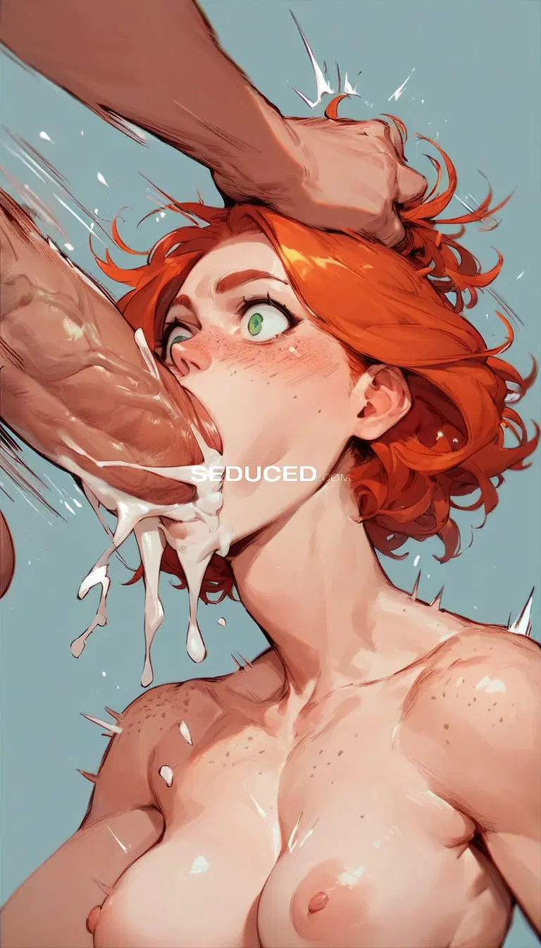 Anime porn image: score 8 up, A beautiful redhead, green eyes, freckles, surprised, petite, small breasts, nude, head held down, blowjob, massive cock, cum dripping, anime manga style, illustration, uncensored, action…