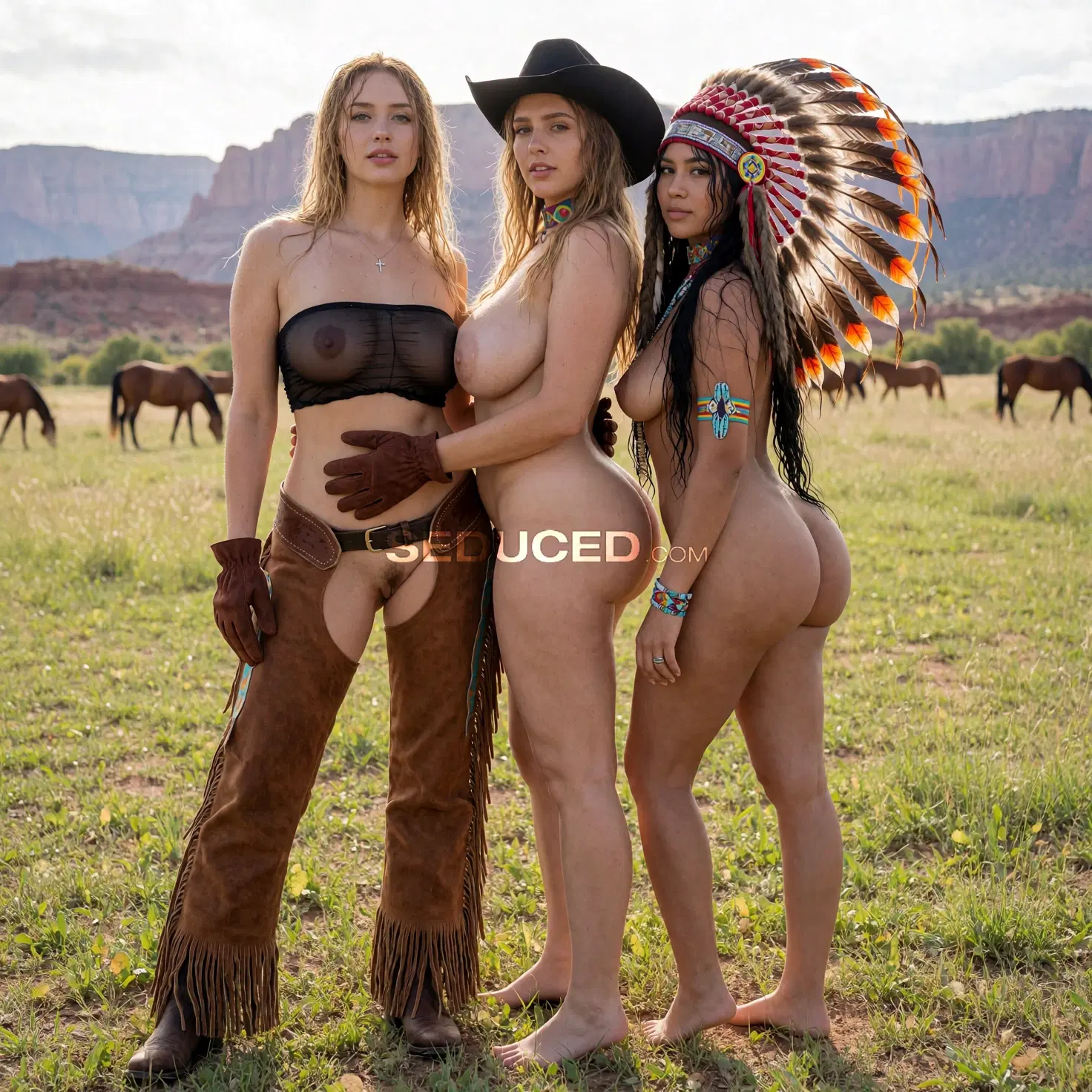 Indian porn image: bolted ass, natural light photography, realistic skin texture, subtle skin detail, candid photo, natural color, 2 woman, year 1865, Gorgeous stunning busty woman with long blonde hair, american…